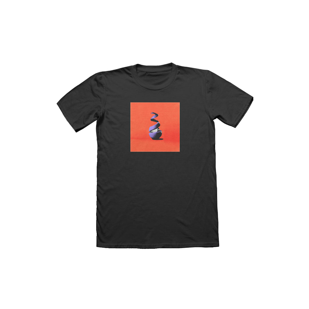 Black Neck Deep Gildan Hammer t-shirt with a centered square graphic of an abstract purple sculpture on a bright orange background. Made from 100% cotton for comfort and durability.