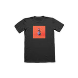 Black Neck Deep Gildan Hammer t-shirt with a centered square graphic of an abstract purple sculpture on a bright orange background. Made from 100% cotton for comfort and durability.