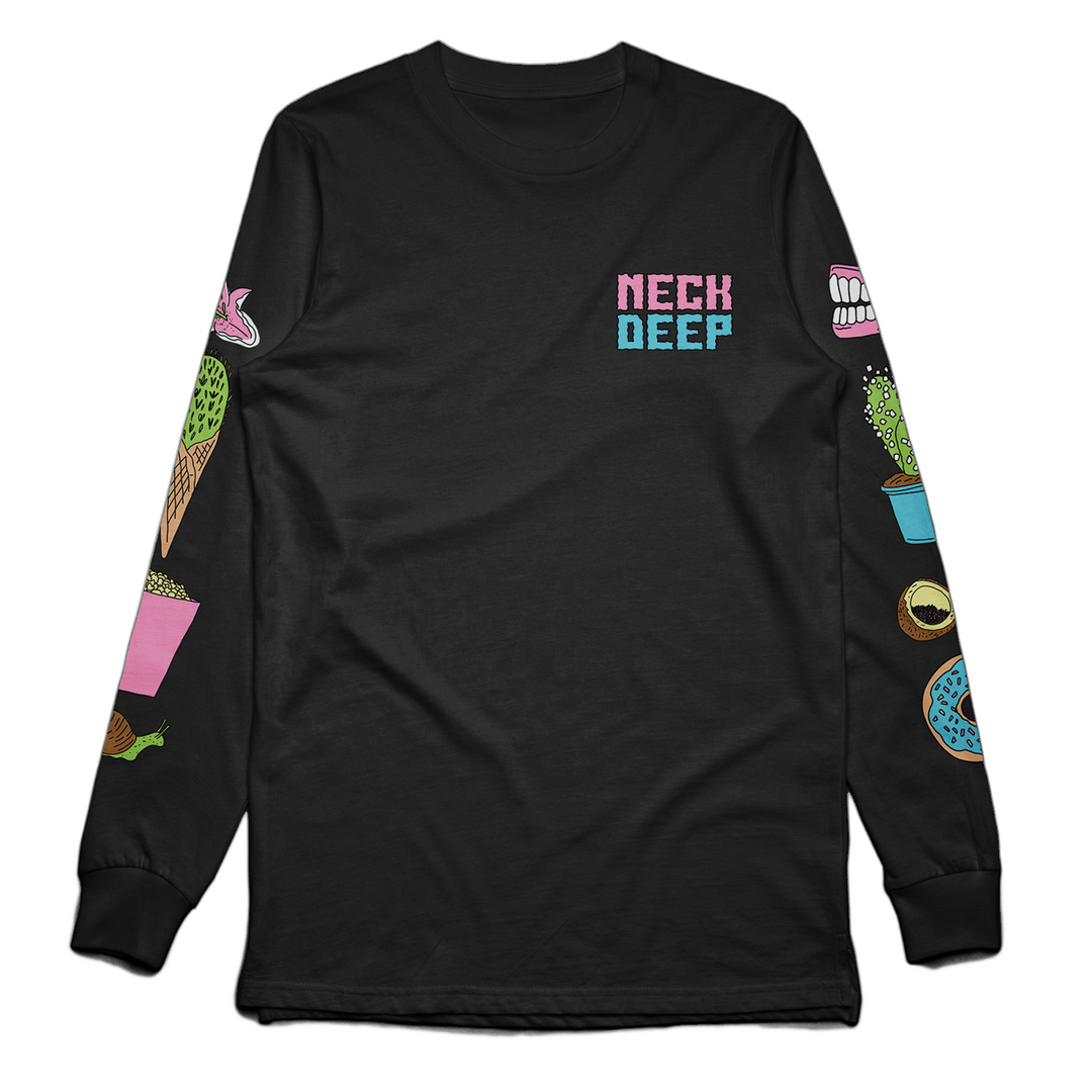 Black long sleeve on a white background. Front left chest print is Neck Deep in two colors. Right sleeve shows various images (cactus in a cone, popcorn, snail). Left sleeve has various images printed (mouth, cactus, donuts). 