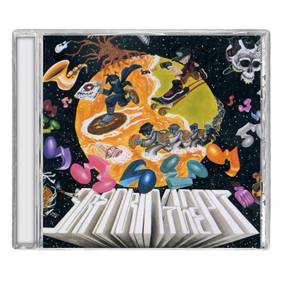 A CD case from Hopeless Records with surreal, colorful art of cartoon characters skateboarding and running on a yellow planet, surrounded by music notes, planets, and a skull in space. Bold stylized text at the bottom—ideal for any ska punk collection.