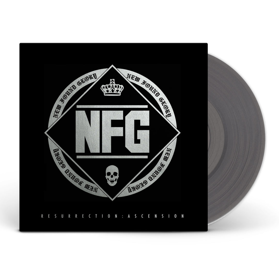 A vinyl record partially out of its sleeve. The black cover displays a bold silver NFG, crown, skull, and the words New Found Glory and From The Screen To Your Stereo. At the bottom is Resurrection: Ascension Opaque Silver Vinyl. Brand: New Found Glory.