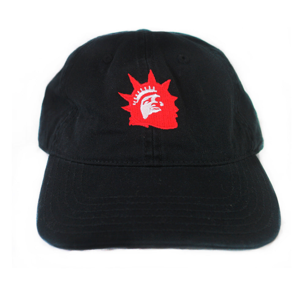 The Trophy Eyes Black Dad Hat features a Liberty Red Logo—a red embroidered outline of the Statue of Liberty’s head and crown on the front—displayed against a white background.