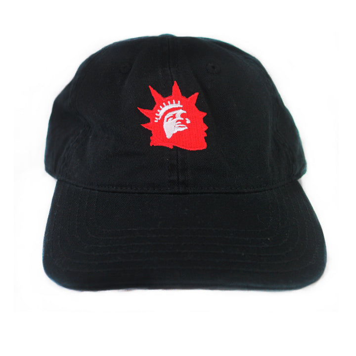 The Trophy Eyes Black Dad Hat features a Liberty Red Logo—a red embroidered outline of the Statue of Liberty’s head and crown on the front—displayed against a white background.