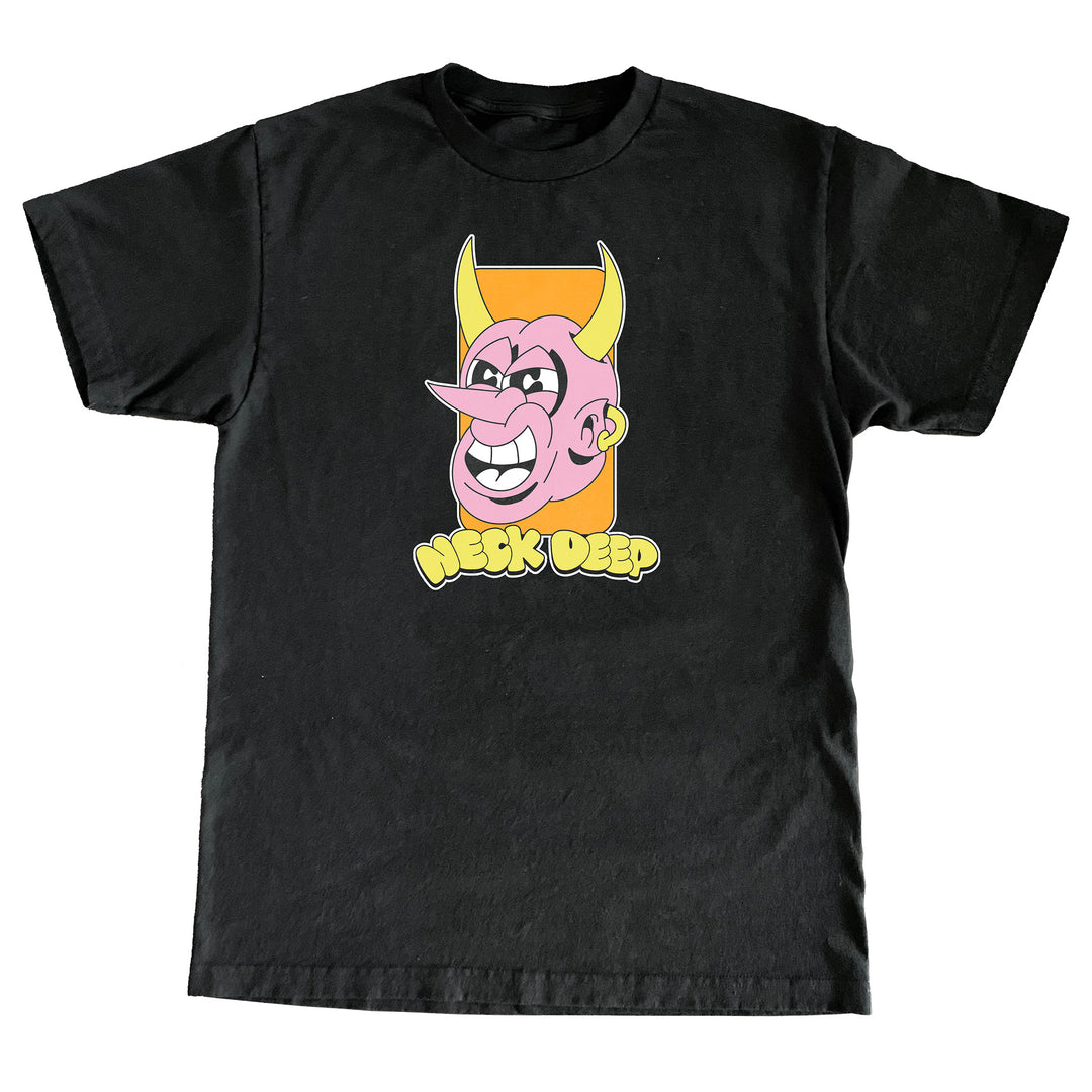 Exclusive Design: Neck Deep black NextLevel T-shirt with a cartoon pink devil, yellow horns, orange background, and bold yellow Neck Deep bubble letters—vividly printed on the front.