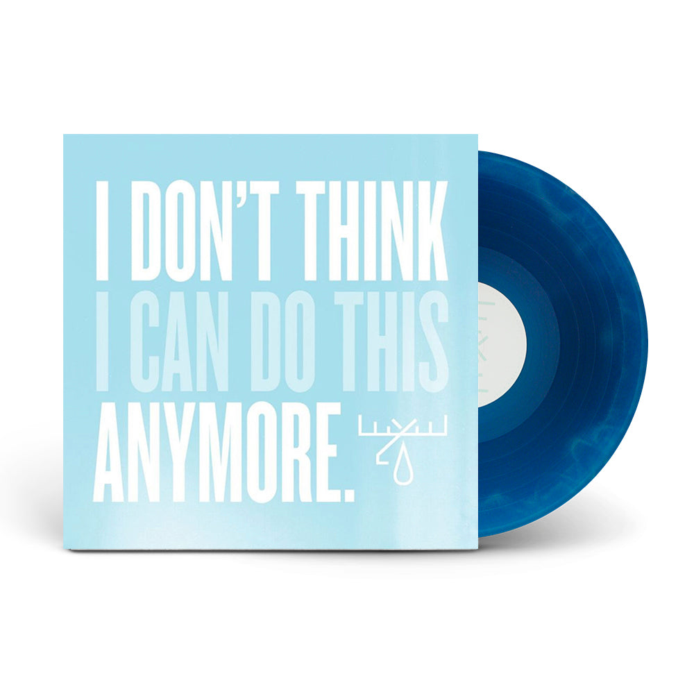 A blue marbled Moose Blood vinyl record slides out of a matching album cover reading, “I DON’T THINK I CAN DO THIS ANYMORE.” in bold white text on light blue, with a small dripping symbol below the LP track listing.