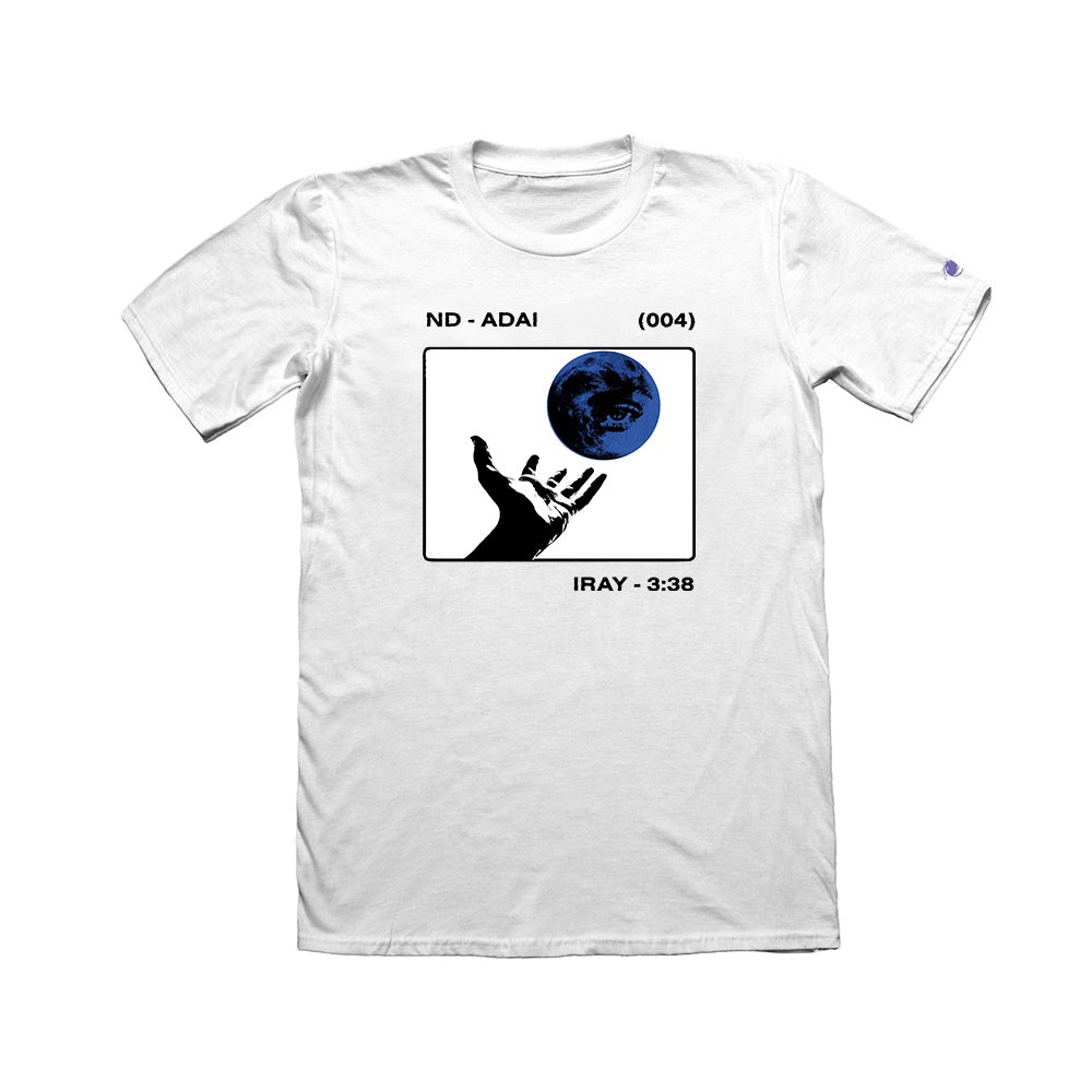 White t-shirt by Neck Deep features a graphic of a black hand reaching for a blue-toned Earth, with ND - ADAI (004) above and IRAY · 3:38 below the image. Includes an embroidered sleeve for extra detail.