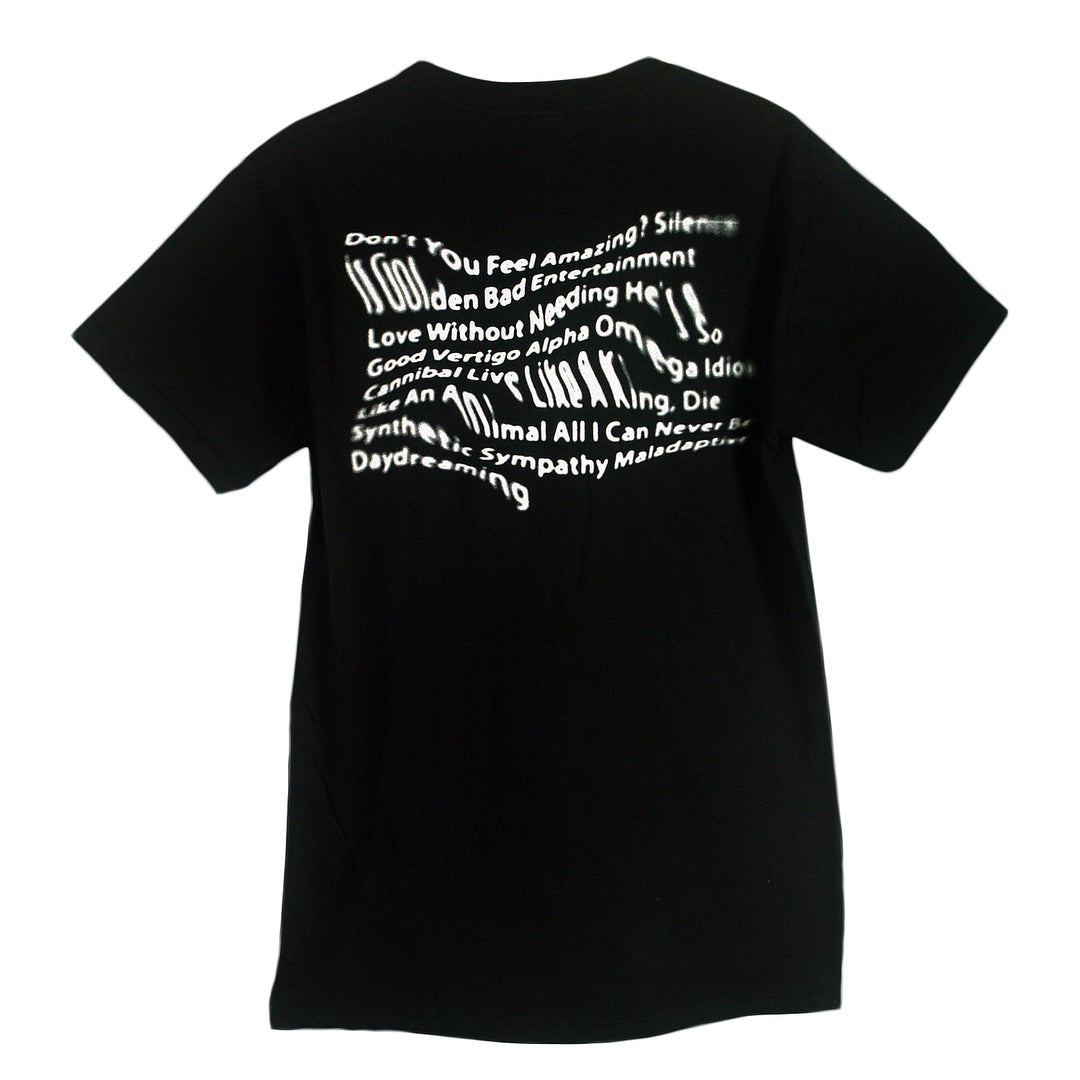 Trash Boat black shirt with white, distorted text on the back displaying phrases like “Don’t You Feel Amazing?”, “Good Vertigo”, and “Daydreaming” in a unique, wavy style.