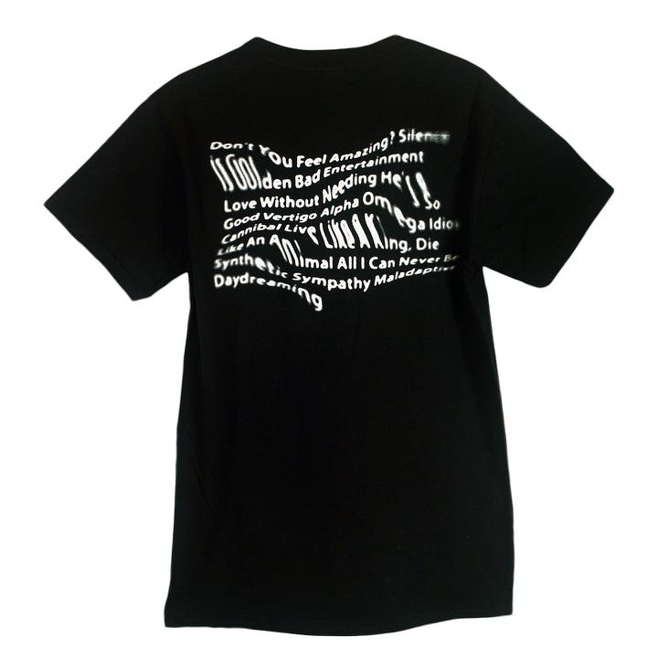 Trash Boat black shirt with white, distorted text on the back displaying phrases like “Don’t You Feel Amazing?”, “Good Vertigo”, and “Daydreaming” in a unique, wavy style.