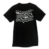 Trash Boat black shirt with white, distorted text on the back displaying phrases like “Don’t You Feel Amazing?”, “Good Vertigo”, and “Daydreaming” in a unique, wavy style.