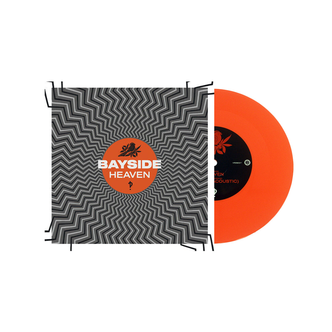 An orange acoustic vinyl record partially slides out of a sleeve with a black and white zigzag design. The center label shows Bayside in bold orange and white letters with a small black bird graphic above the text.