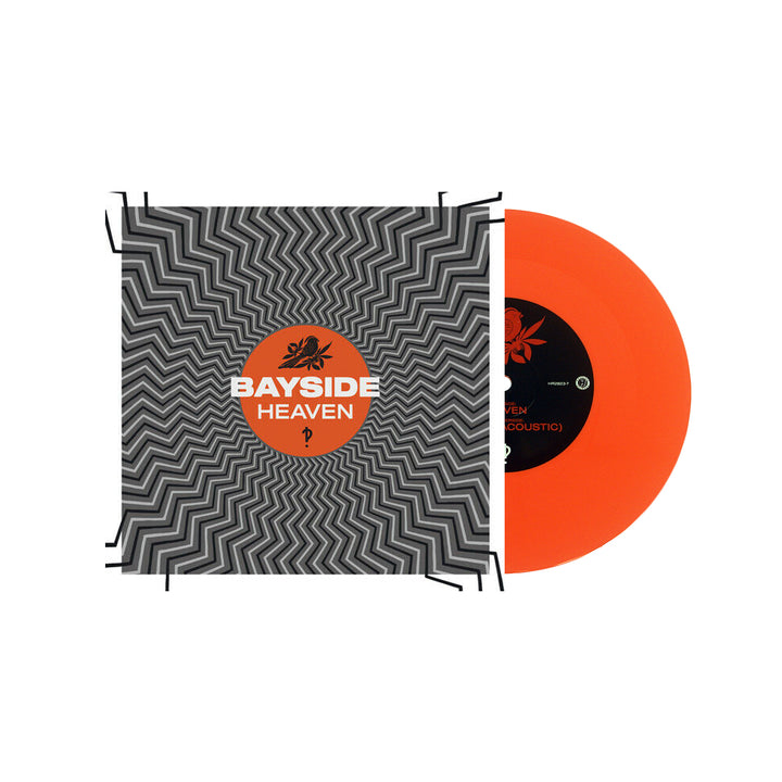 An orange acoustic vinyl record partially slides out of a sleeve with a black and white zigzag design. The center label shows Bayside in bold orange and white letters with a small black bird graphic above the text.
