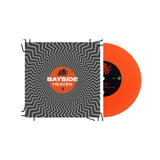 An orange acoustic vinyl record partially slides out of a sleeve with a black and white zigzag design. The center label shows Bayside in bold orange and white letters with a small black bird graphic above the text.