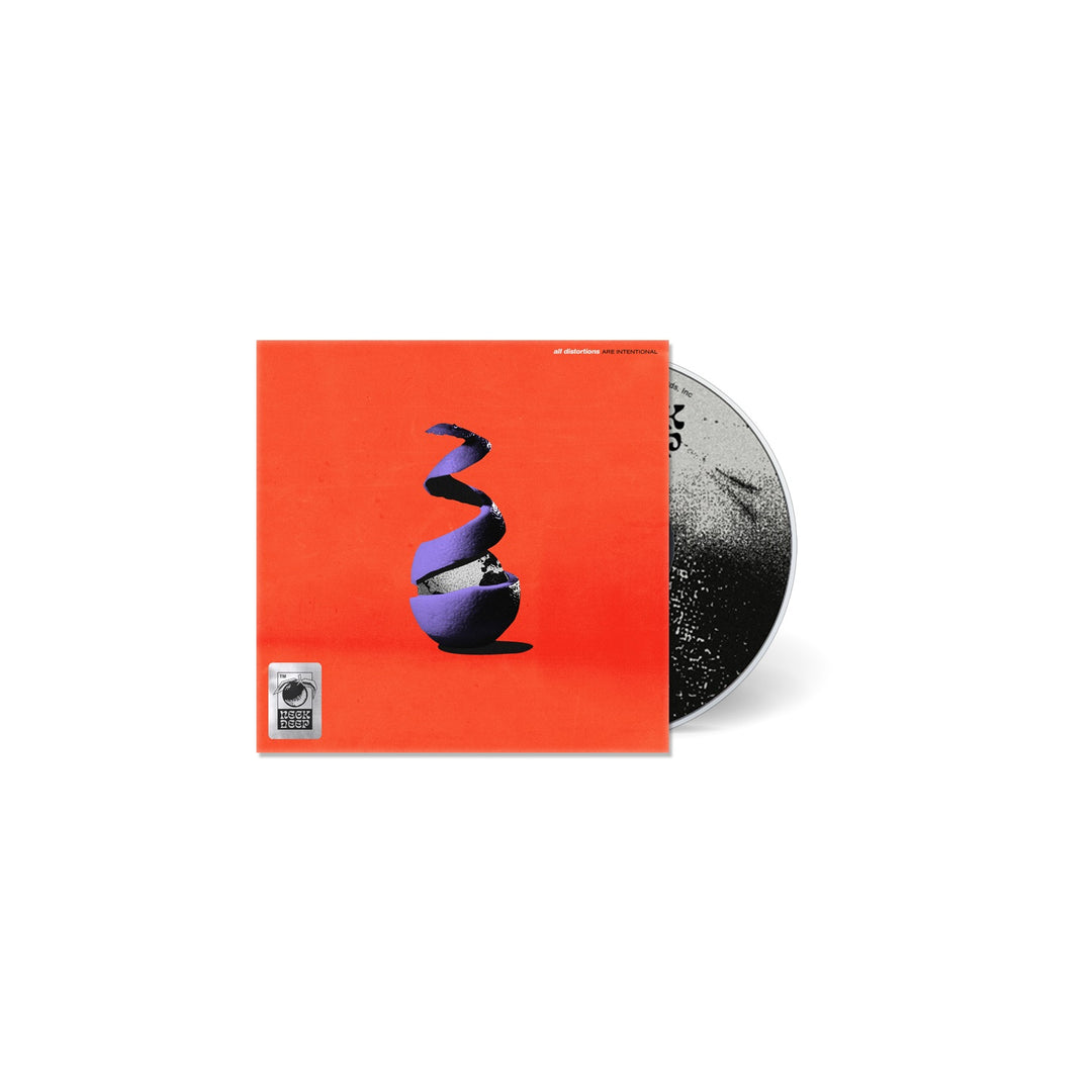 CD Abum cover for Neck Deep "All Distortions Are Intentional" on a white background. Album cover is orange and depicts a purple orange in the meddle unpeeling to show earth.