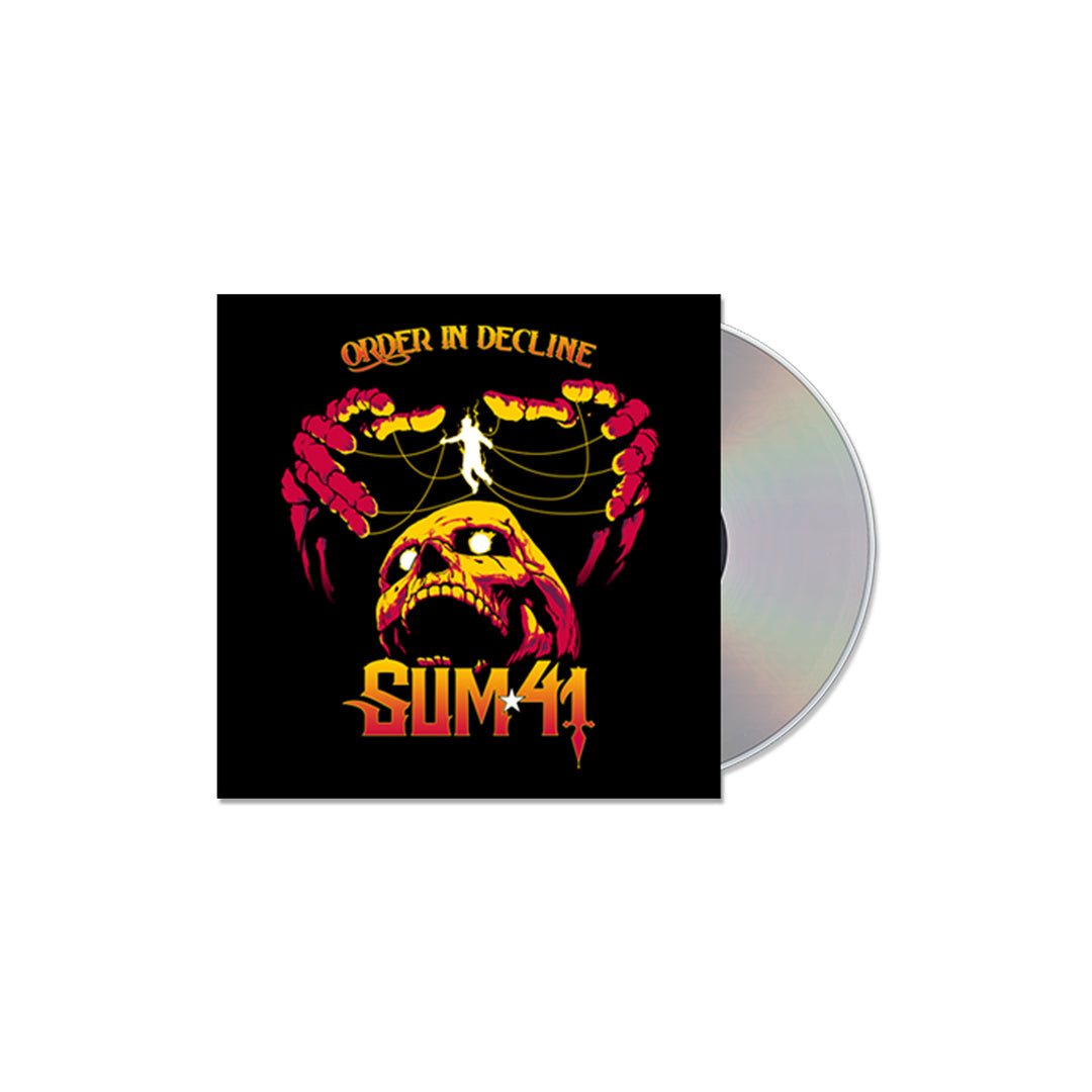Sum 41s Order In Decline CD cover shows a person manipulated by red skeletal hands above a yellow skull, with the band’s name and album title in bold, stylized letters on a stark black background.