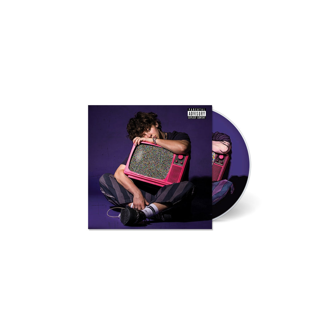 A person sits cross-legged, holding a pink vintage TV with static in front of their face. Against a purple background, a CD of NOAHFINNCEs debut album Growing Up On The Internet is partially visible. Brand: NOAHFINNCE.