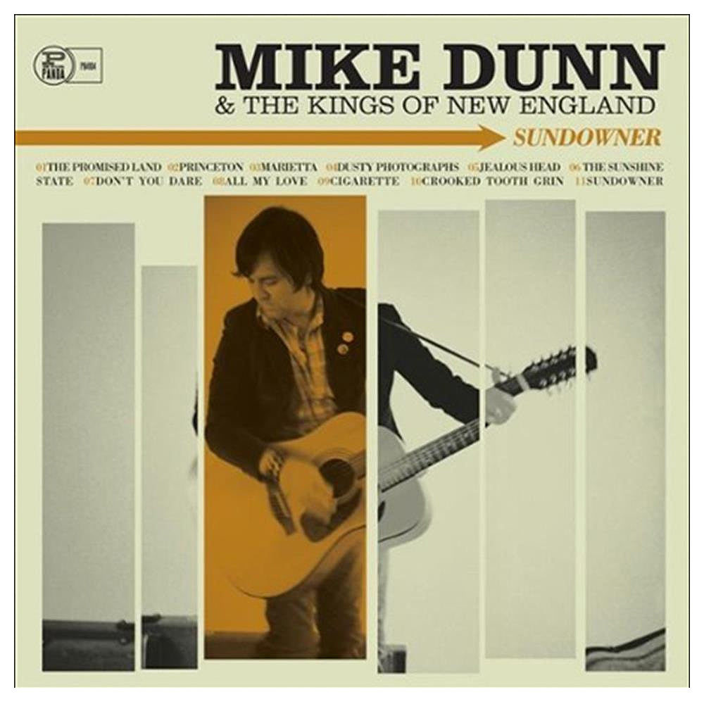 Album cover for the Sundowner CD by Mike Dunn & The Kings Of New England from P is for Panda, with a sepia image of a guitarist partly hidden by vertical white bars and the tracklisting shown at the bottom.