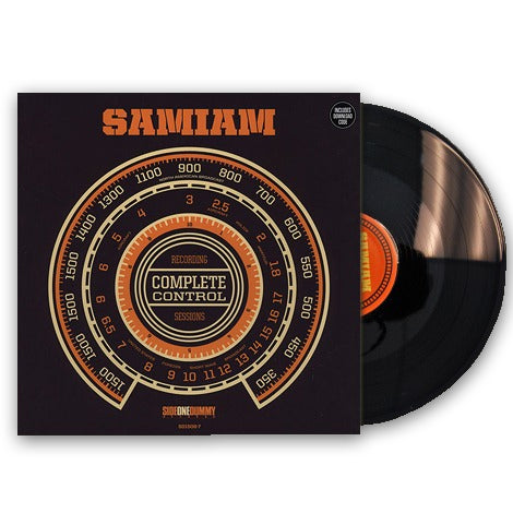 The image shows a Samiam Black LP partially out of its sleeve, with an album cover featuring concentric circles like a vintage gauge, “SAMIAM” at the top, and “COMPLETE CONTROL SESSIONS” in the center.
