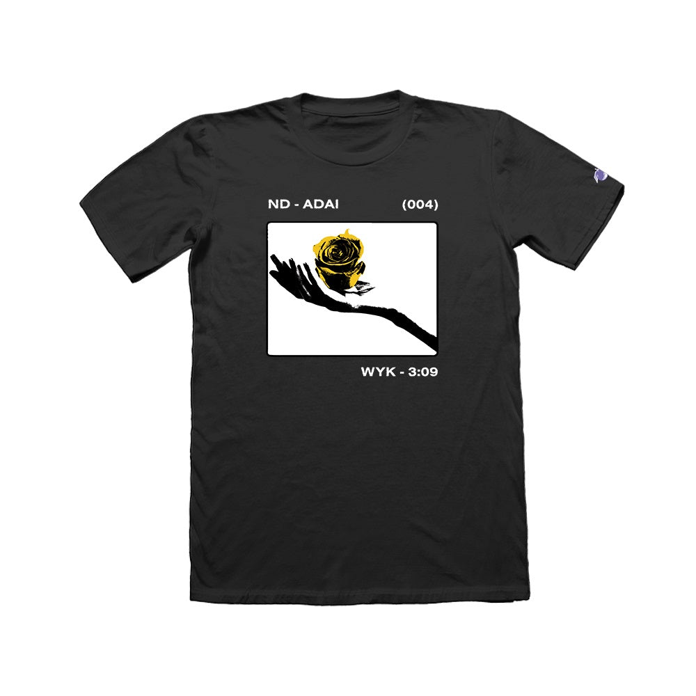 Neck Deep black t-shirt with a graphic of a black hand holding a yellow rose. ND - ADAI and (004) are above the image; WYK - 3:09 is below on a white rectangle. Exclusive design.