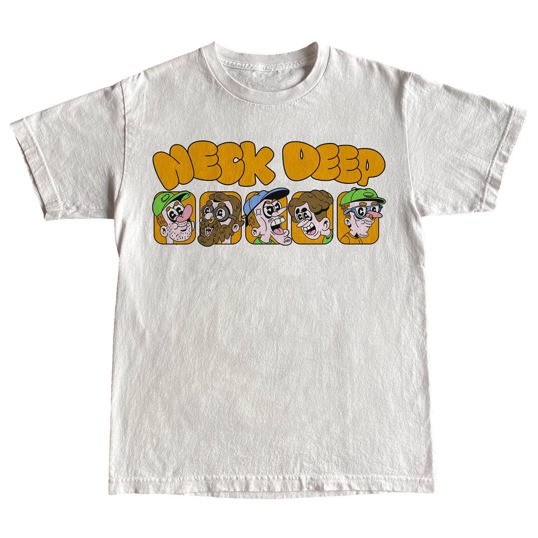Exclusive Design: Neck Deep white NextLevel t-shirt featuring large yellow bubble-letter logo over five cartoon faces, each with unique features and colorful accessories.