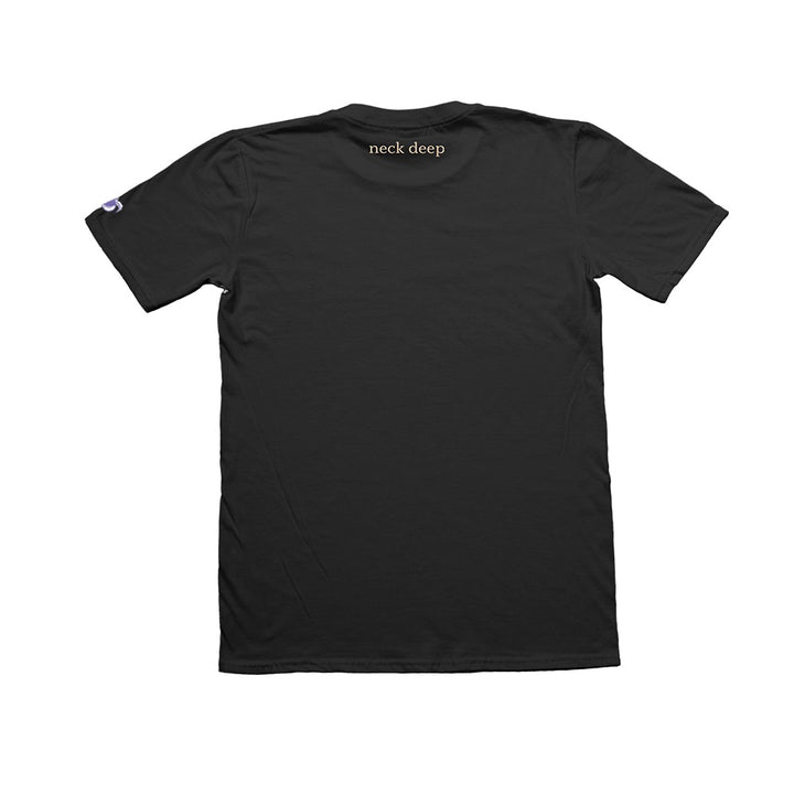 Black Neck Deep Hammer T-shirt laid flat, viewed from the back, features neck deep in small white letters near the collar. Purple Tangerine Sleeve Embroidery adds a unique detail to this classic style.