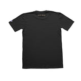 Black Neck Deep Hammer T-shirt laid flat, viewed from the back, features neck deep in small white letters near the collar. Purple Tangerine Sleeve Embroidery adds a unique detail to this classic style.
