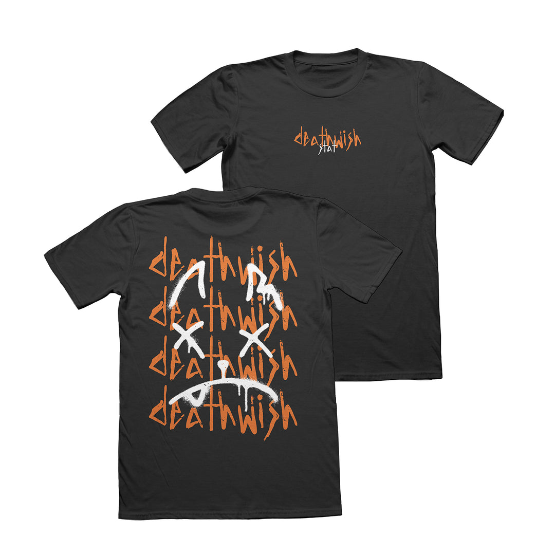 Black tee on a white background. Front chest has gold lowercase print deathwish above white text  stat. Back print has deathwish printed 4 times stacled