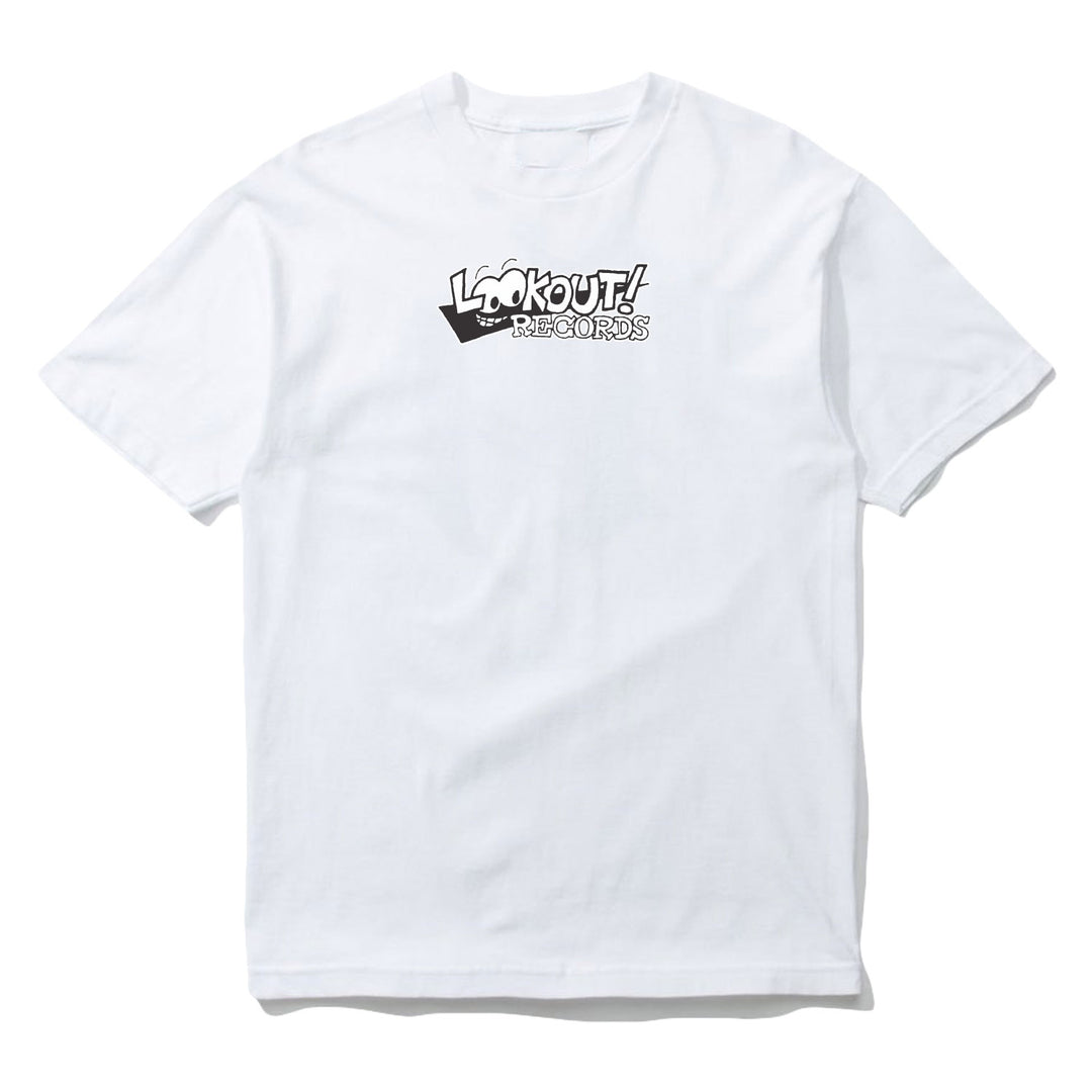 A classic white T-shirt with a small black Lookout! Records logo on the upper left chest, representing the iconic brand.