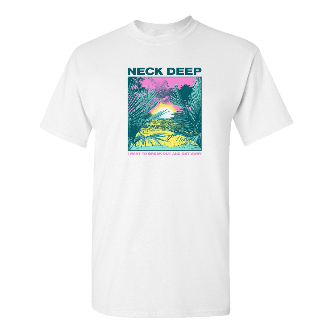 Neck Deep white t-shirt featuring a colorful tropical sunset, palm leaves, and I WANT TO BREAK OUT AND GET AWAY in pink—perfect to pair with your favorite casual footwear or white shoes.