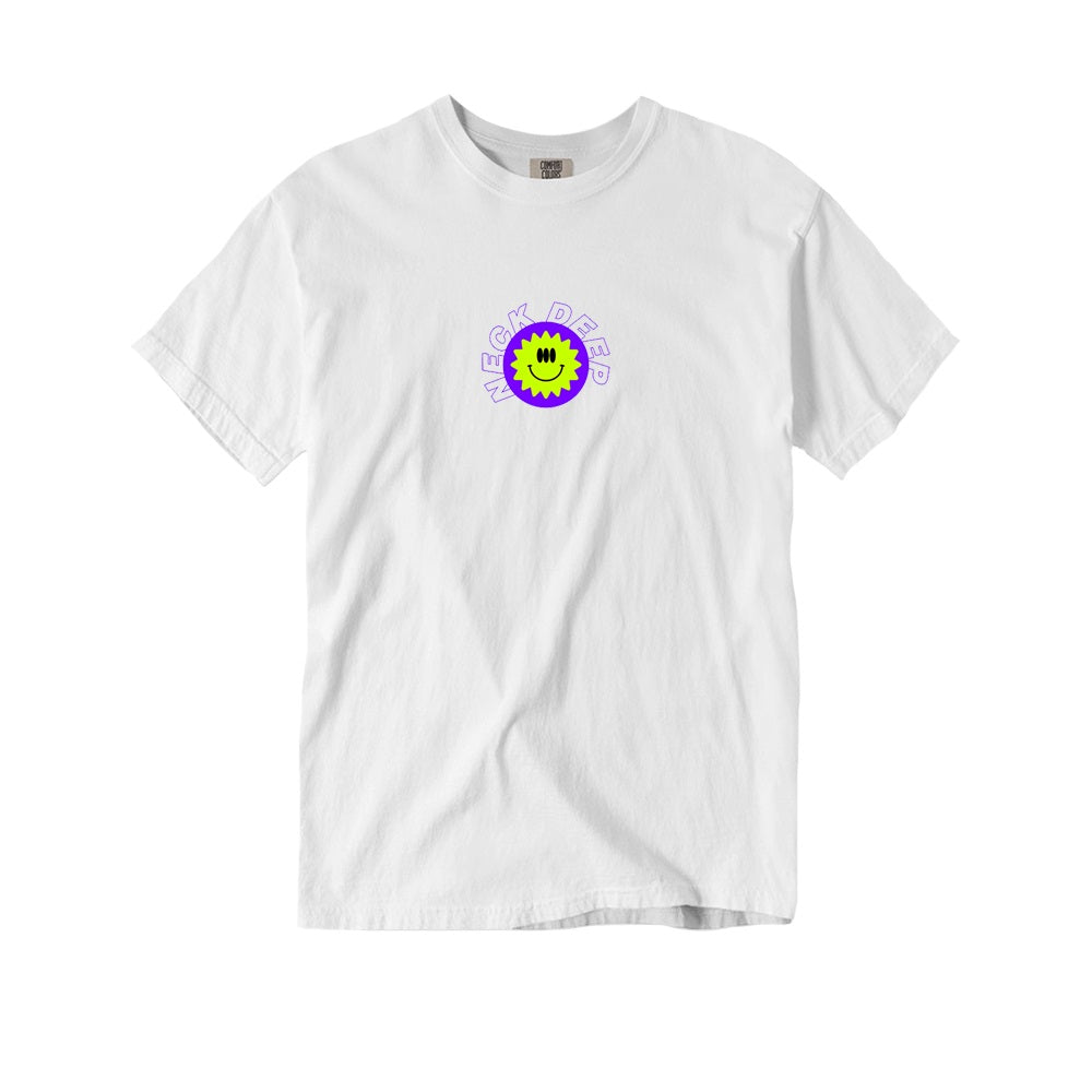 White Neck Deep T-shirt with a small, colorful chest graphic of a smiling yellow face inside a purple spiked outline and NECK DEEP text in purple. Features the exclusive Thumbs Up design.