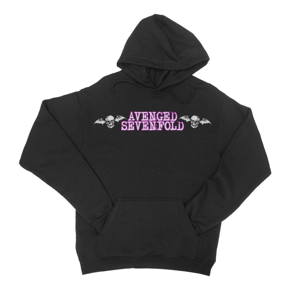 Black pullover on a white background. Chest print has white with red border text that reads Avenged Sevenfold in between two black & white skulls with bat wings. 