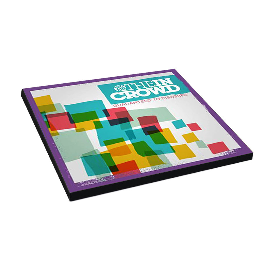 A square board game box titled The In Crowd: Guaranteed to Disagree, featuring colorful overlapping rectangles on white with a purple border—ideal for fans of We Are The In Crowd, the pop rock band from Hopeless Records. Brand: We Are The In Crowd.