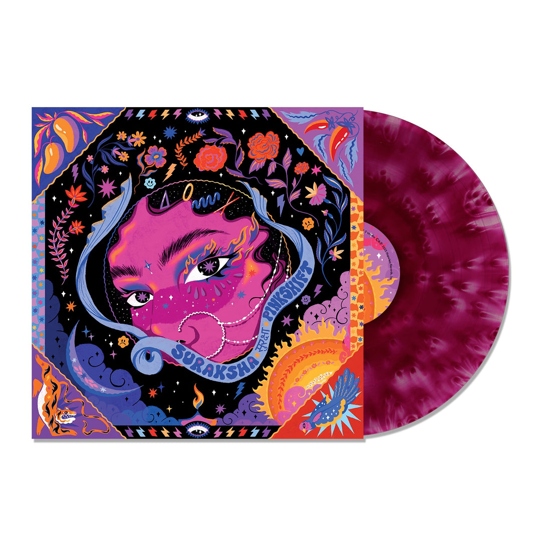A vibrant Pinkshift vinyl cover shows a woman with bold makeup, flowers, and mystical symbols. The exclusive Cloudy Purple marbled variant (purple and white) is limited to 1000 copies worldwide. Suraksha appears on the cover.