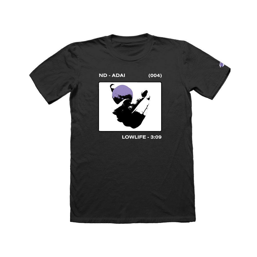 Black Neck Deep t-shirt with a stylized, high-contrast person in a purple helmet. ND - ADAI (004) is above and LOWLIFE - 3:09 below the graphic. Features an exclusive Lowlife Design and an embroidered sleeve on a plain white background.