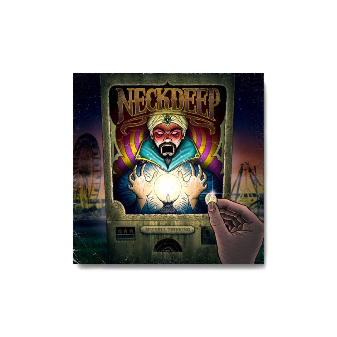 A hand holds a coin before a fortune teller machine with a mystic figure, glowing eyes, and a crystal ball under bold "Neck Deep" branding, evoking a pop punk vibe. A ferris wheel and carnival are seen in the background.