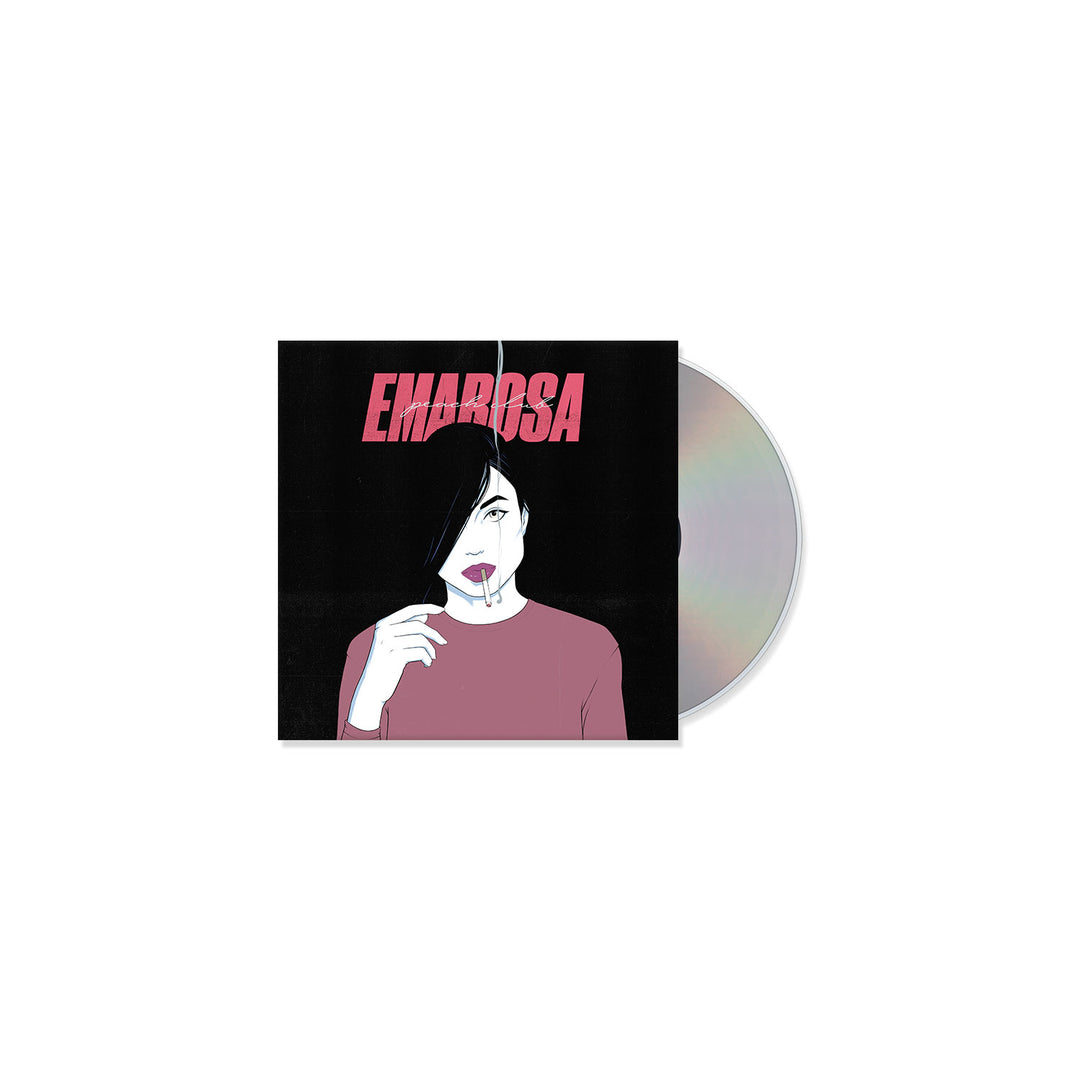 A CD partially out of its case displays Emarosas Peach Club cover art—bold red brand name and an illustrated figure with dark hair, pink shirt, and lollipop—hinting at the lively tracks inside.