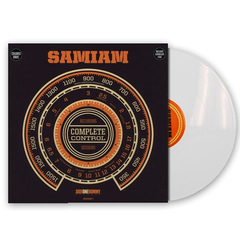 A partially shown white LP featuring Samiam’s Complete Control Sessions album cover, which has concentric circles, a speedometer-style tracklisting, and bold orange and cream text on black.