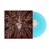 A light blue vinyl record by Trash Boat slides from an album cover with an abstract, top-down view of tall brown trees and colorful dots against a white background, evoking Crown Shyness.