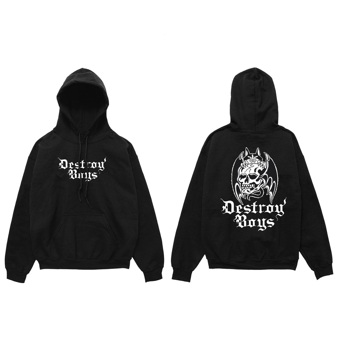 Black hoodie by Destroy Boys shown from front and back. This midweight pullover features Destroy Boys text on the front and a horned skull graphic above gothic-style Destroy Boys print on the back.