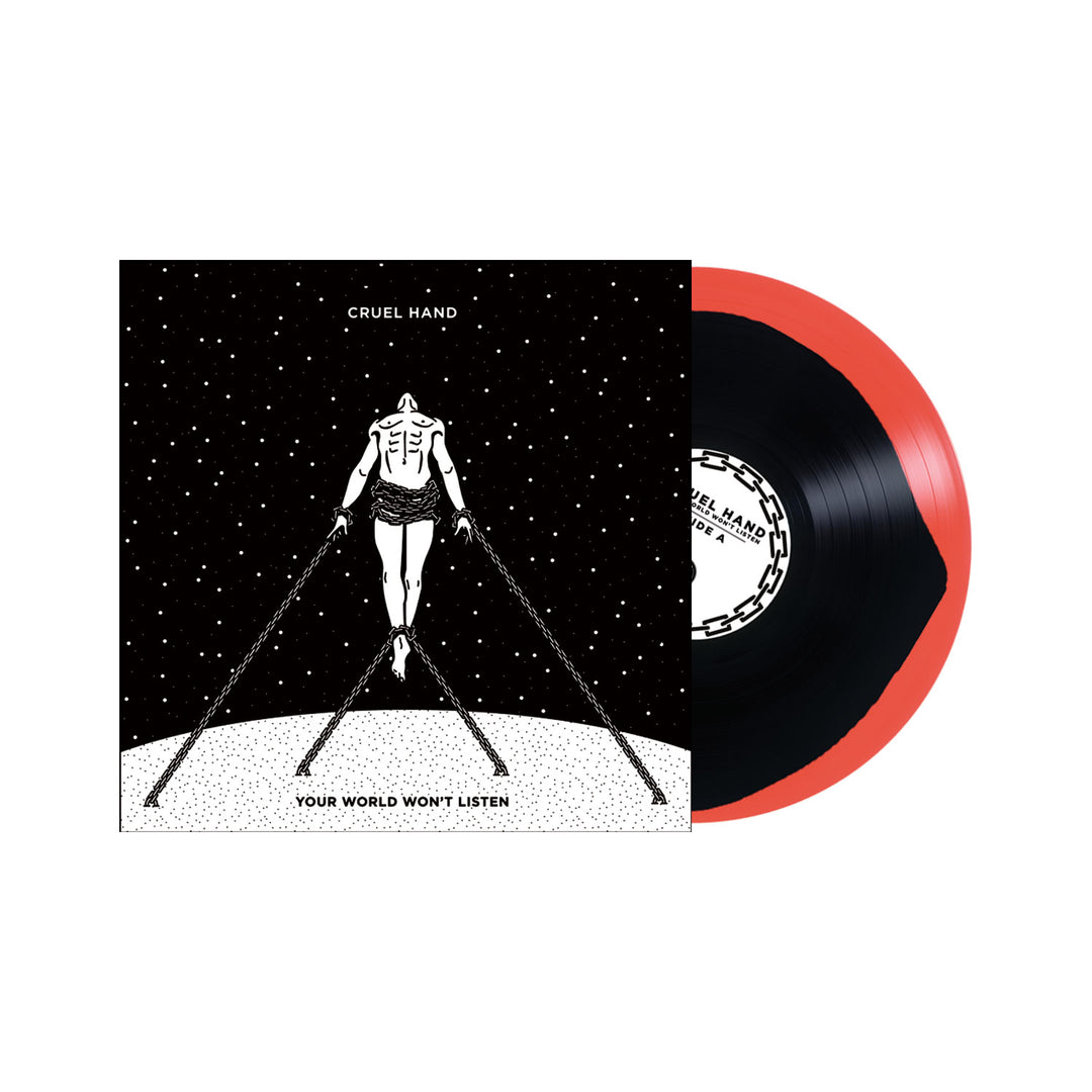 Album cover for Cruel Hand’s “Your World Won’t Listen”: a masked figure on crutches beneath a starry sky in black and white, with red and black vinyl referencing the LP track listing for Side A and Side B. Brand: Cruel Hand.