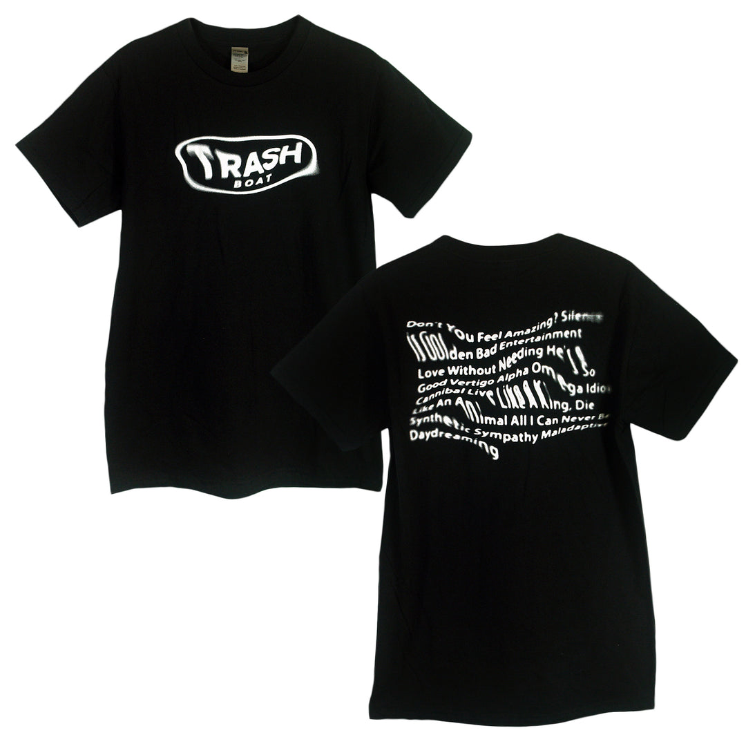 Trash Boat black band shirt with bold white Trash Boat logo on the front, and stylized slanted white text featuring song titles and phrases on the back.