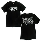 Trash Boat black band shirt with bold white Trash Boat logo on the front, and stylized slanted white text featuring song titles and phrases on the back.