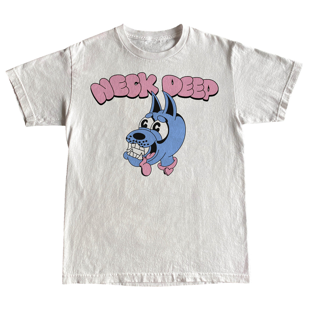 Neck Deep white t-shirt featuring a cartoon blue dog with pink heart feet and a big grin under bubbly pink Neck Deep text, printed on premium NextLevel fabric.