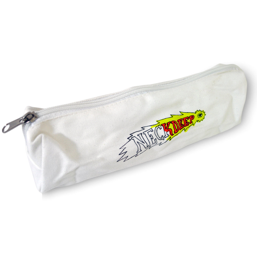 A white zippered pencil bag from Neck Deep features their black and yellow logo with a jagged outline on the side.