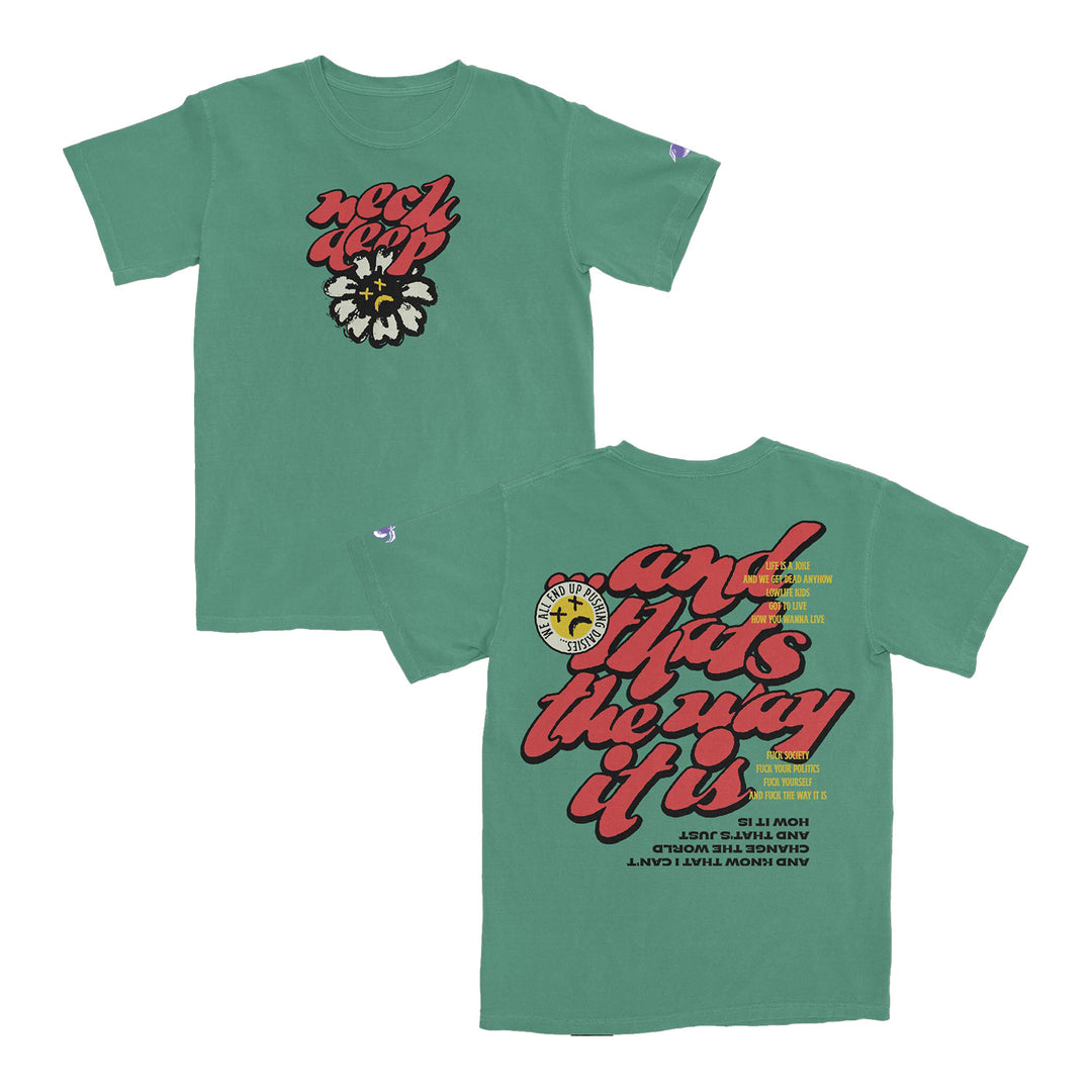 Neck Deep green t-shirt in 100% cotton featuring bold red and black rock deep text above a white flower, inspired by the Pushing Daisies Design. Back has large red text, yellow and white details, and a circular Neck Deep logo.