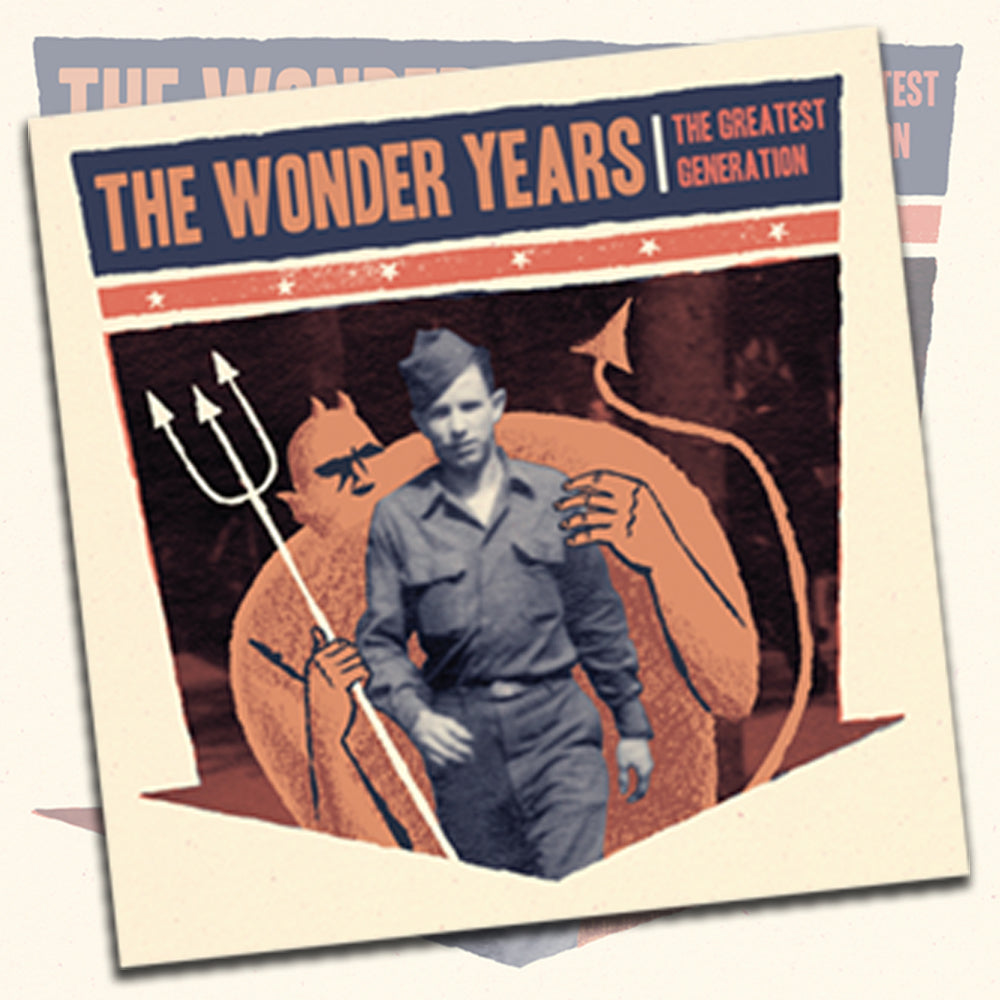 Album cover for The Greatest Generation by The Wonder Years, a pop punk album, features a black-and-white photo of a soldier in uniform with an illustrated red devil holding a trident behind him.