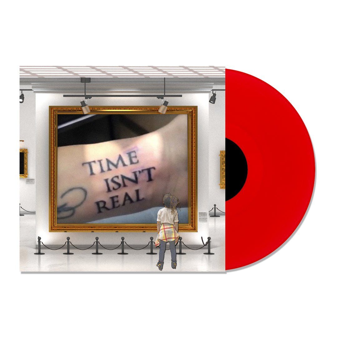 Grabbitz "Time Isn't Real" Vinyl album cover. Image depicts an art gallery with someone looking at a painting of someone having the text Time Isn't Real tattooed on their wrist. Vinyl is red. 