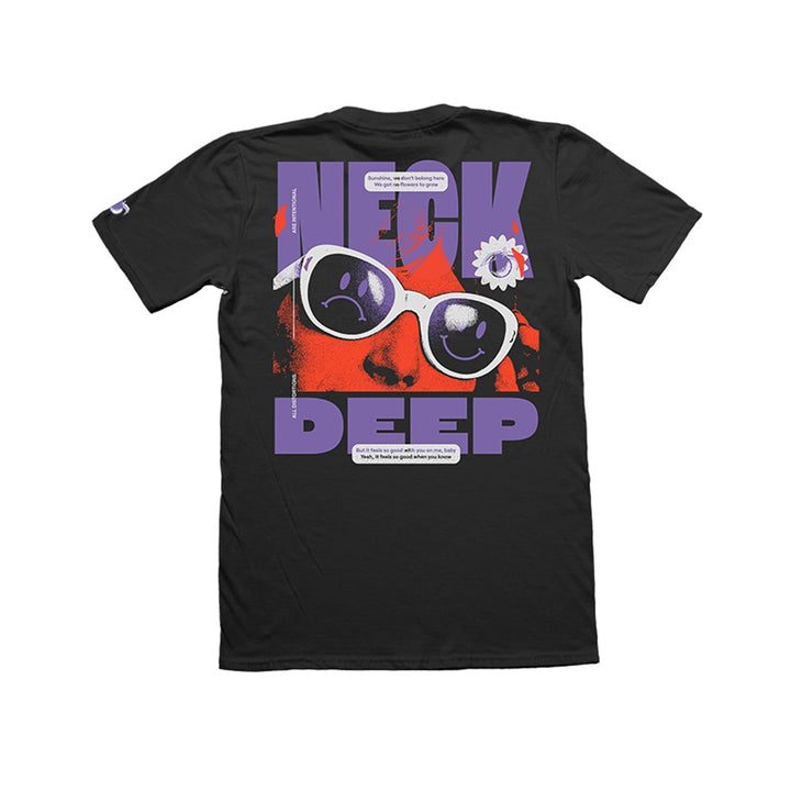 A black Gildan Hammer Pocket T-shirt by Neck Deep featuring a large back graphic: a face in white sunglasses on an orange-red background, NECK DEEP in purple, daisy flower, and small white text above and below.