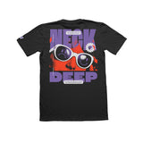 A black Gildan Hammer Pocket T-shirt by Neck Deep featuring a large back graphic: a face in white sunglasses on an orange-red background, NECK DEEP in purple, daisy flower, and small white text above and below.