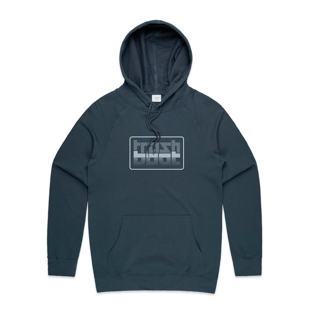 A dark gray 100% cotton Trash Boat pullover hoodie with a front pocket and a chest graphic displaying the word "trash" in a bold, blocky font above horizontal lines.