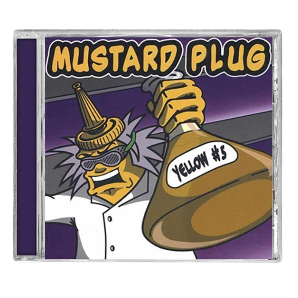 A cartoon scientist with spiky gray hair wears goggles and a mustard bottle cap, holding a flask labeled Yellow #5 and a file marked Your Secret. The CD cover displays the brand name Mustard Plug in bold yellow letters at the top.